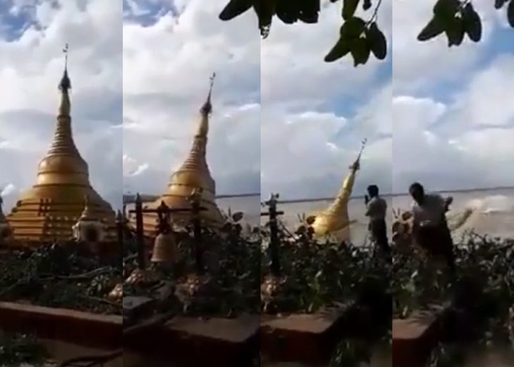แห่เเชร์! พายุพัดถล่ม-น้ำท่วมขัง ทำพระเจดีย์ในเมียนมาล้มพังลงแม่น้ำ (คลิป)