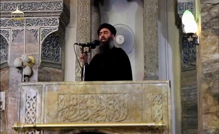 FILE PHOTO: Still image taken from video of a man purported to be the reclusive leader of the militant Islamic State Abu Bakr al-Baghdadi making what would have been his first public appearance in Mosul