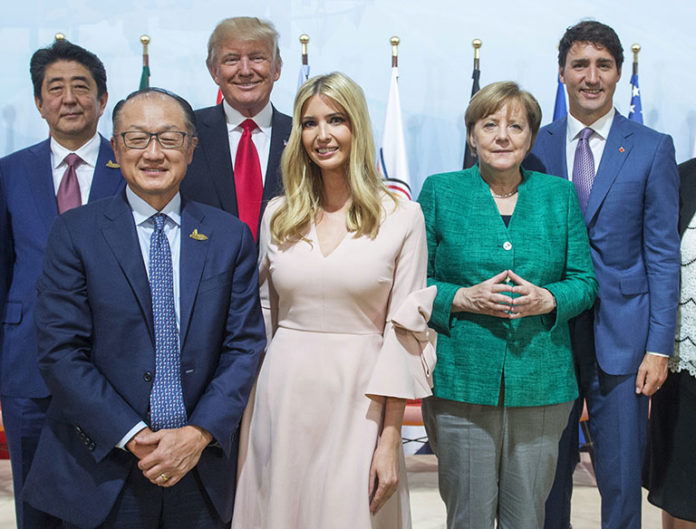 Justin Trudeau,Shinzo Abe,Jim Yong Kim,Donald Trump,Ivanka Trump,Angela Merkel