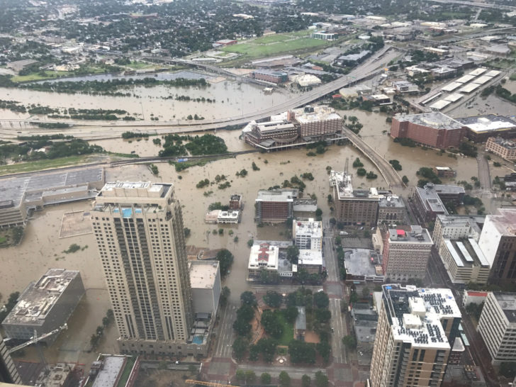 Flooded downtown is seen from JP Morgan Chase Tower after Hurricane Harvey inundated the Texas Gulf coast with rain causing widespread flooding, in Houston