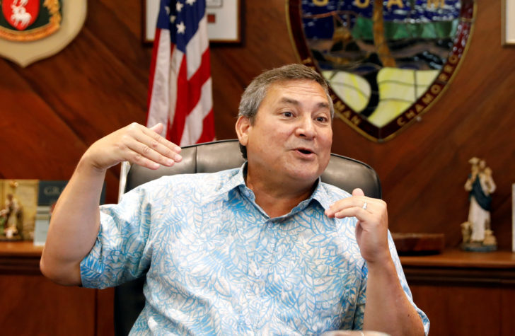Guam Governor Eddie Calvo speaks during an interview with Reuters at the government complex on the island of Guam