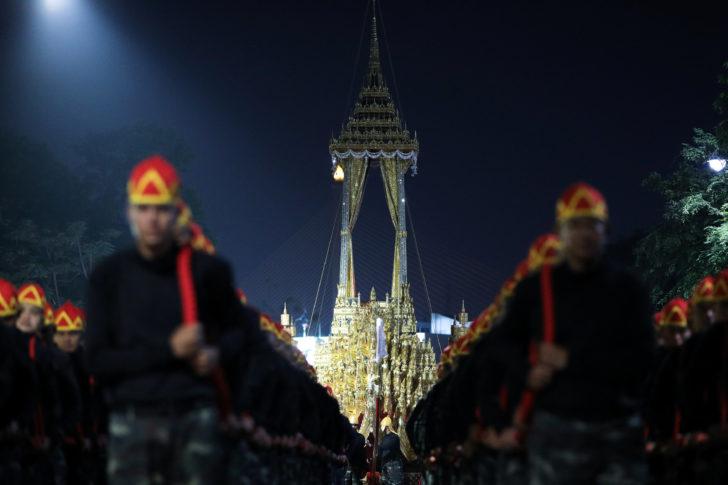 The Great Victory Royal Chariot is pulled during a funeral rehearsal for late Thailand's King Bhumibol Adulyadej near the Grand Palace in Bangkok