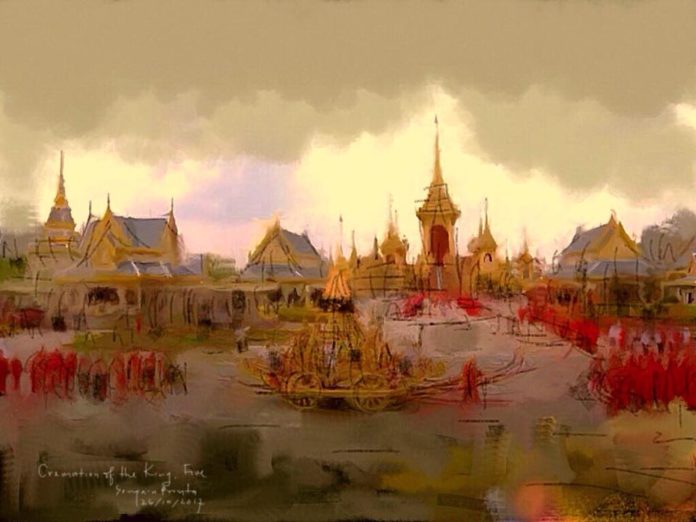 ศิลปินจรดพู่กัน! ถ่ายทอดภาพบรรยากาศพระราชพิธีถวายพระเพลิงพระบรมศพ ผ่านผืนผ้าใบแบบสดๆ