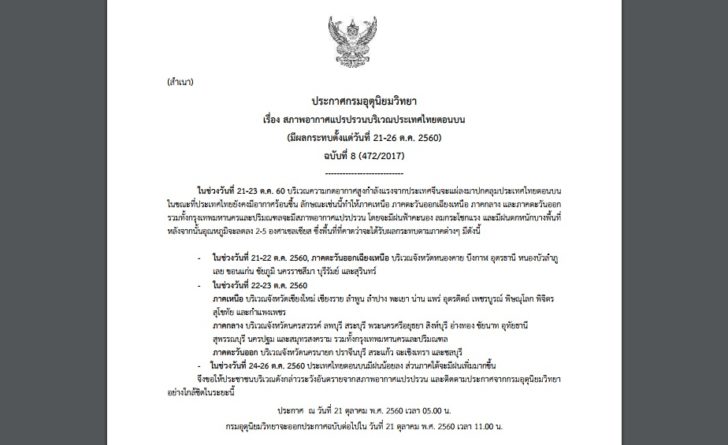 กรมอุตุฯประกาศเตือนฉบับที่ 8 “สภาพอากาศแปรปรวนบริเวณประเทศไทยตอนบน”