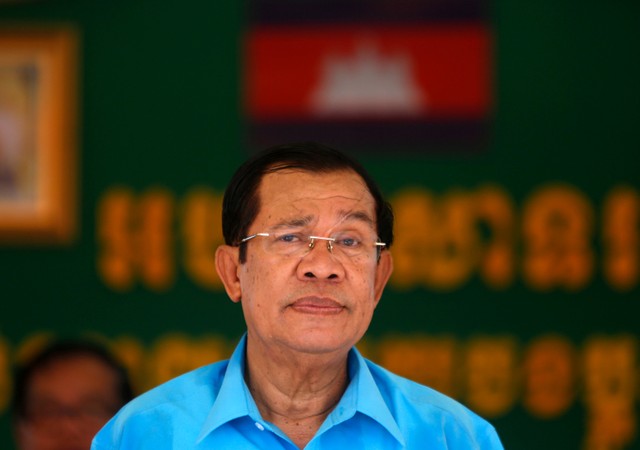 Cambodia's Prime Minister Hun Sen attends a meeting with garment workers on the outskirts of Phnom Penh