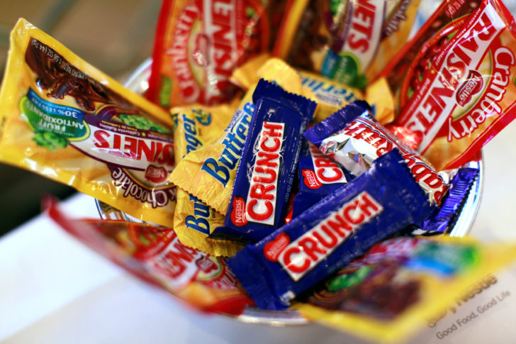 FILE PHOTO: Nestle candy products are displayed the company's news conference in New York