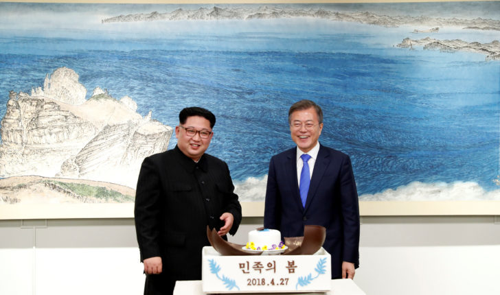 South Korean President Moon Jae-in and North Korean leader Kim Jong Un attend a banquet on the Peace House at the truce village of Panmunjom