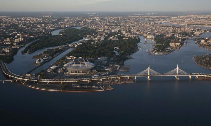 An aerial view shows the city of St. Petersburg
