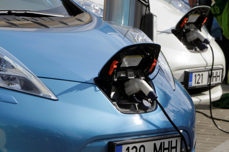 FILE PHOTO: Nissan Leaf electric cars are being charged in Tallinn