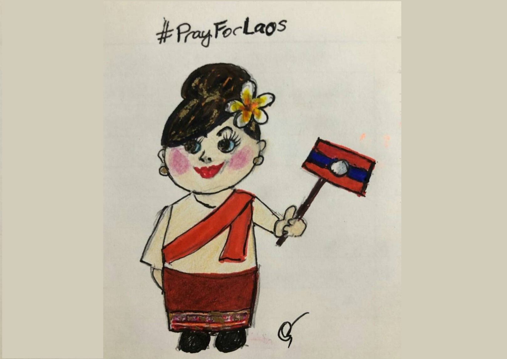 ‘ทูลกระหม่อม’ ทรงวาดภาพฝีพระหัตถ์หญิงนุ่งซิ่นถือธงชาติลาว พระราชทานกำลังใจสู้! สู้!