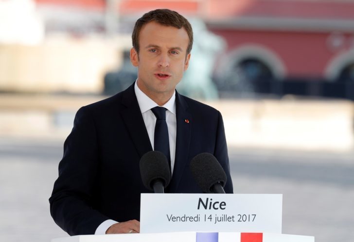 French President Emmanuel Macron delivers a speech during the commemorative ceremony for last year's July 14 Bastille Day fatal truck attack on the Promenade des Anglais in Nice