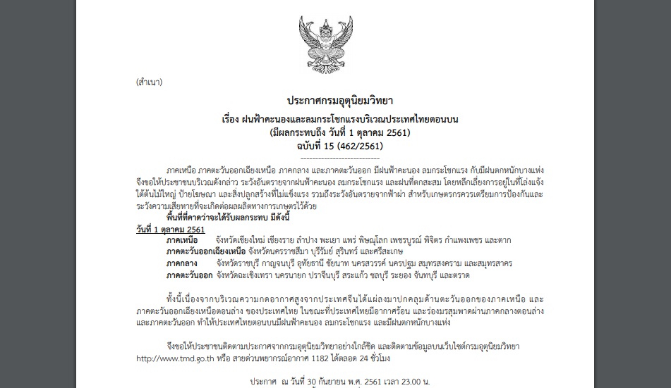 ประกาศเตือน ฉบับที่ 15 “ฝนฟ้าคะนองและลมกระโชกแรง” กระทบ 30 จว.