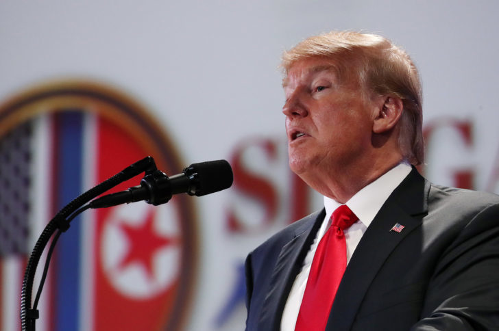 U.S. President Donald Trump speaks during a news conference after his meeting with North Korean leader Kim Jong Un at the Capella Hotel on Sentosa island in Singapore