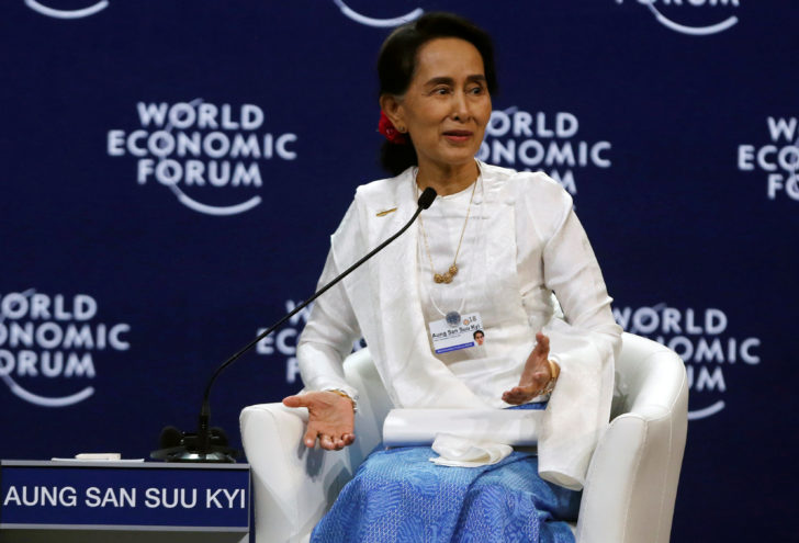 Myanmar's State Counsellor Aung San Suu Kyi speaks at the World Economic Forum on ASEAN at the National Convention Center in Hanoi