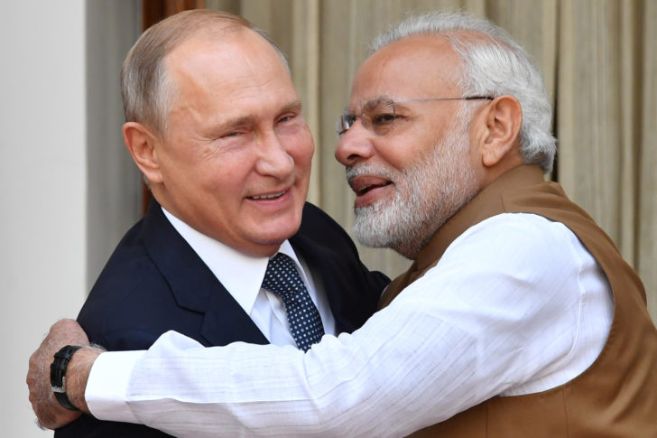 Indian PM Modi welcomes Russian President Putin prior to their meeting at Hyderabad House in New Delhi