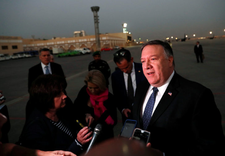 U.S. Secretary of State Mike Pompeo talks to the media before leaving Riyadh