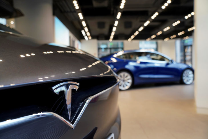 A Tesla logo is seen at a Tesla showroom in Shanghai