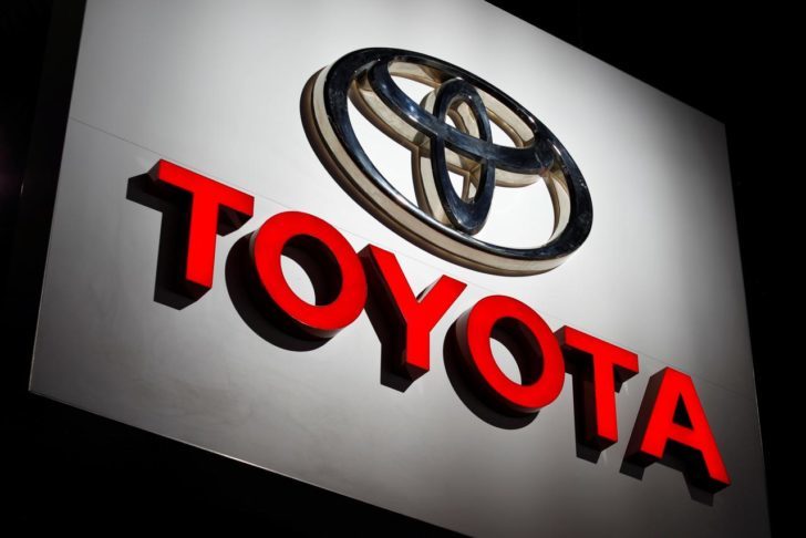 The Toyota logo is shown at the Los Angeles Auto Show