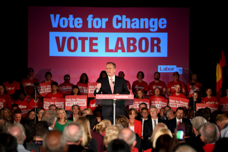 Australian Opposition Leader Bill Shorten delivers a speech during the 'Vote for Change Rally' at Bowman Hall in Blacktown