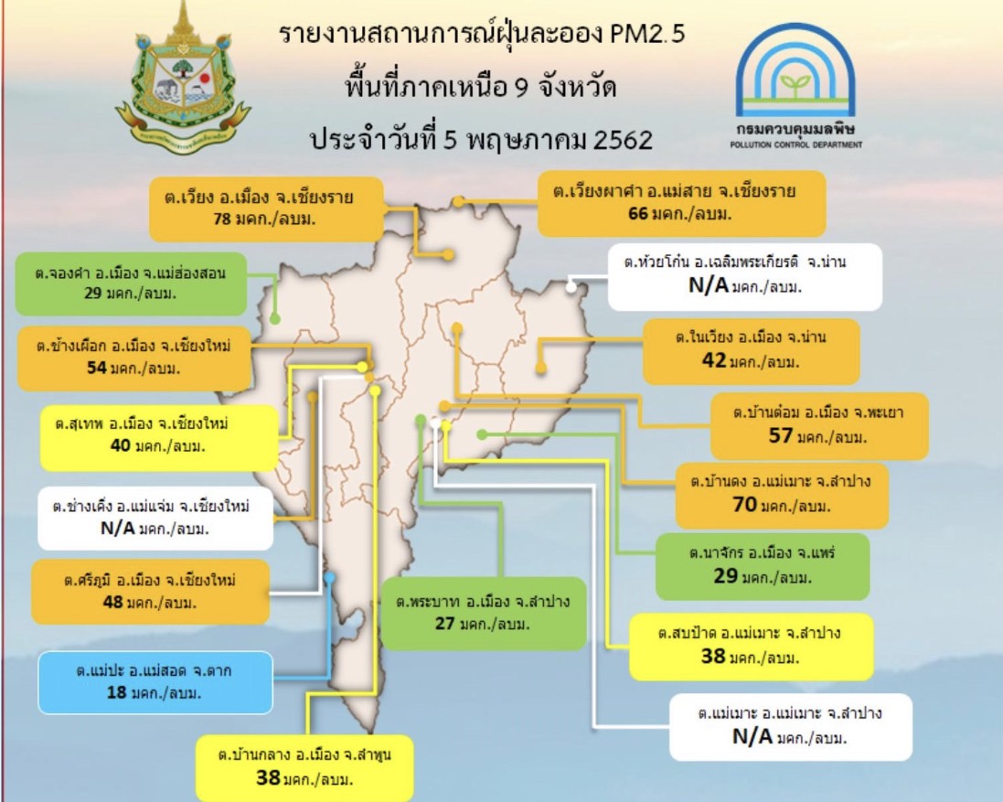 การดำเนินงานแก้ไขปัญหาหมอกควัน 9 จังหวัดภาคเหนือ ณ วันที่ 5 พฤษภาคม 2562