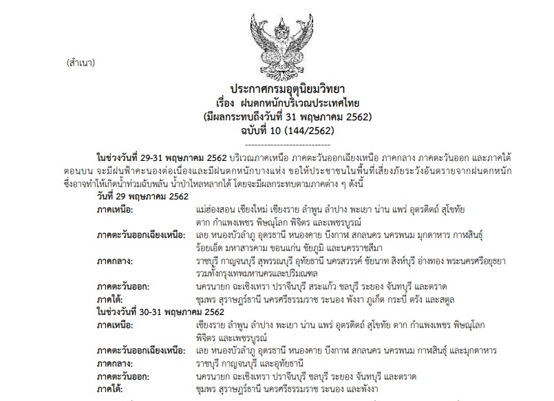 ประกาศเตือนภัย ฉบับที่ 10 “ฝนตกหนัก” มีผลกระทบถึง 31 พ.ค.’62 เสี่ยงท่วมฉับพลัน!
