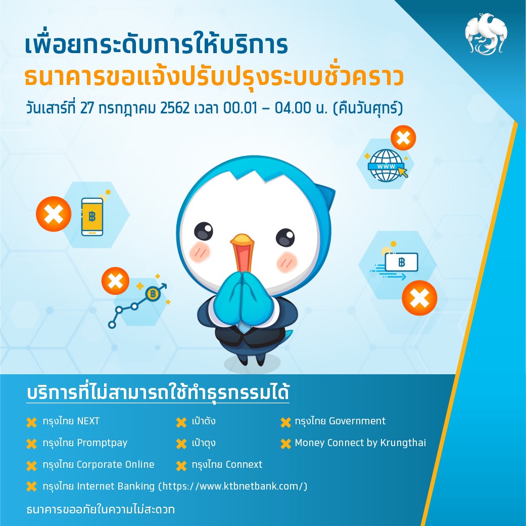 “กรุงไทย” แจ้งปรับปรุงระบบอิเล็กทรอนิกส์ชั่วคราว 27 ก.ค.นี้ 00.01 – 04.00 น.