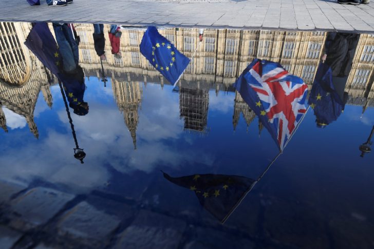 FILE PHOTO: Anti-Brexit demonstrators waving EU and Union flags are reflected in a puddle in front of the Houses of Parliament in London
