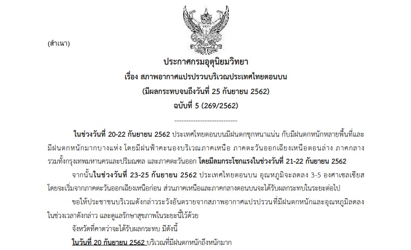 ประกาศเตือนภัย ฉบับที่ 5 “อากาศแปรปรวน” กระทบจนถึง 25 ก.ย.