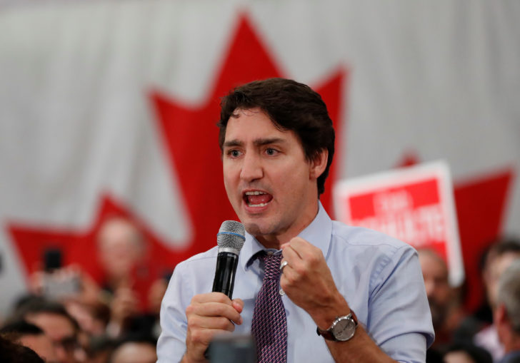 Liberal leader and Canadian Prime Minister Justin Trudeau takes part in a rally as he campaigns for the upcoming election, in Vaughan, Ontario