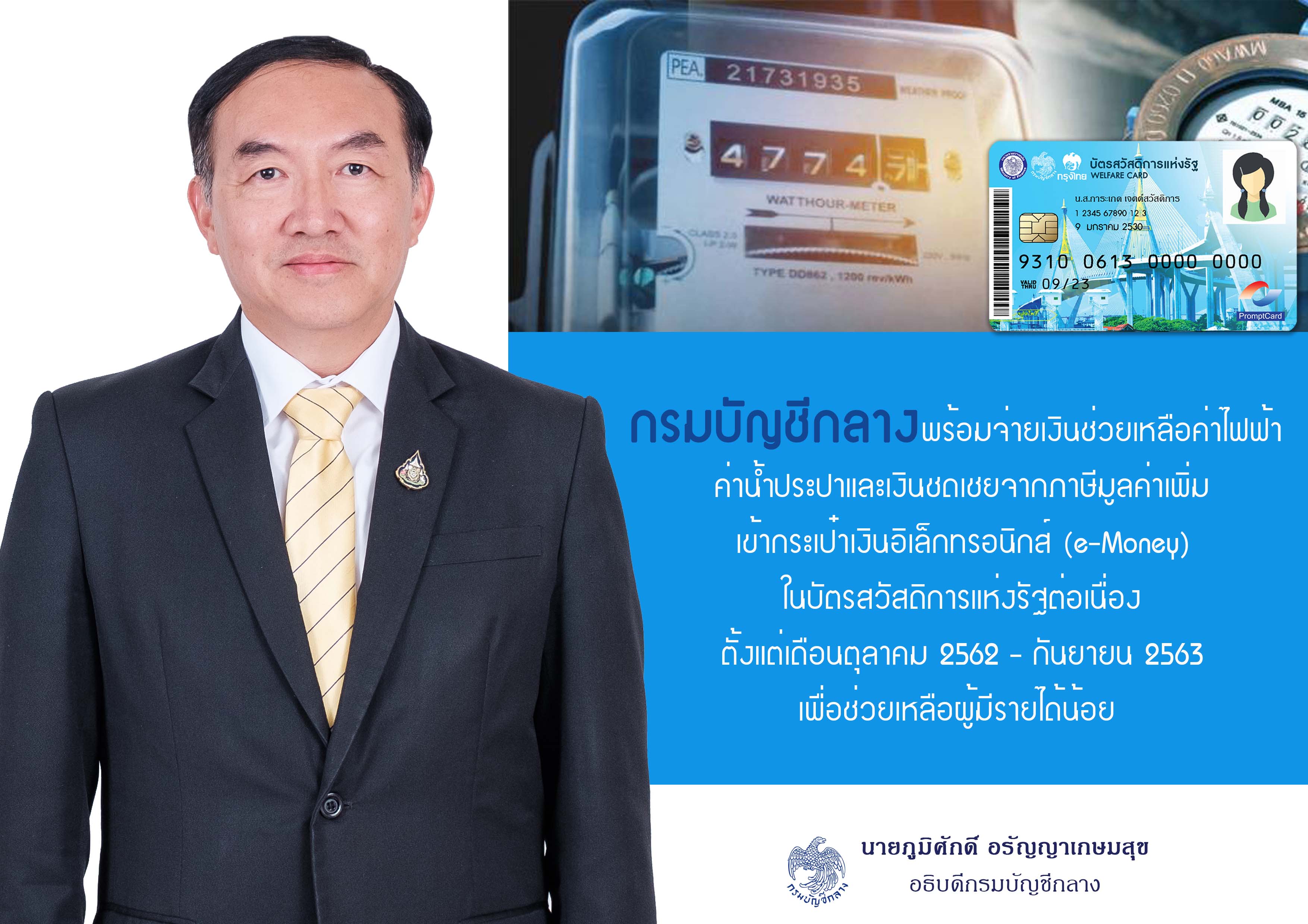 กรมบัญชีกลางพร้อมจ่ายเงินช่วยเหลือผู้มีรายได้น้อย 3 มาตรการ เข้ากระเป๋า e-Money บัตรสวัสดิการแห่งรัฐ