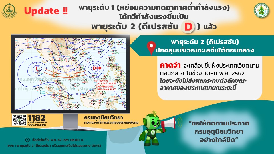 ประกาศเตือนภัย ฉบับที่ 3 “พายุดีเปรสชัน” บริเวณทะเลจีนใต้ตอนกลาง