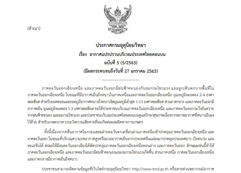 กรมอุตุฯเตือนอากาศแปรปรวน อุณหภูมิลดลง 1-4 องศา กทม.เช้านี้ต่ำสุด 23-25 องศา