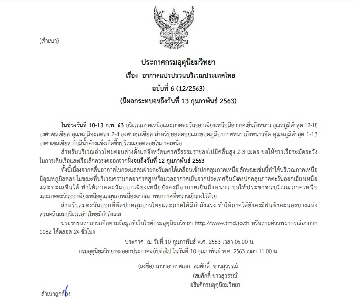 กรมอุตุฯออกประกาศเตือนภัย ฉบับที่ 6 “อากาศแปรปรวน” อุณหภูมิจะลดลง2-4 องศา