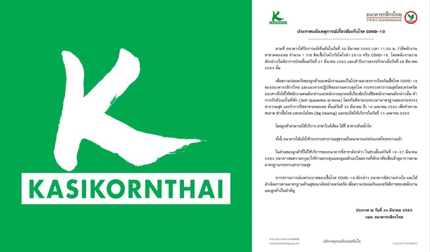 กสิกรไทย สั่งปิดสาขาคลองเตยหลังพบพนักงานติดโควิด-19