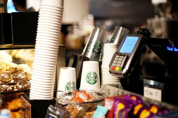 Single use cups inside a Starbucks in London
