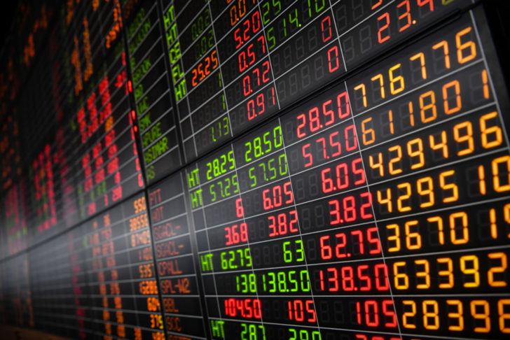 View of a financial monitor board showing stock prices at