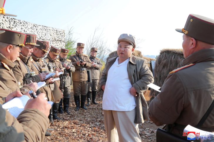 North Korean leader Kim Jong Un guides a drill of mortar sub-units of North Korean Army