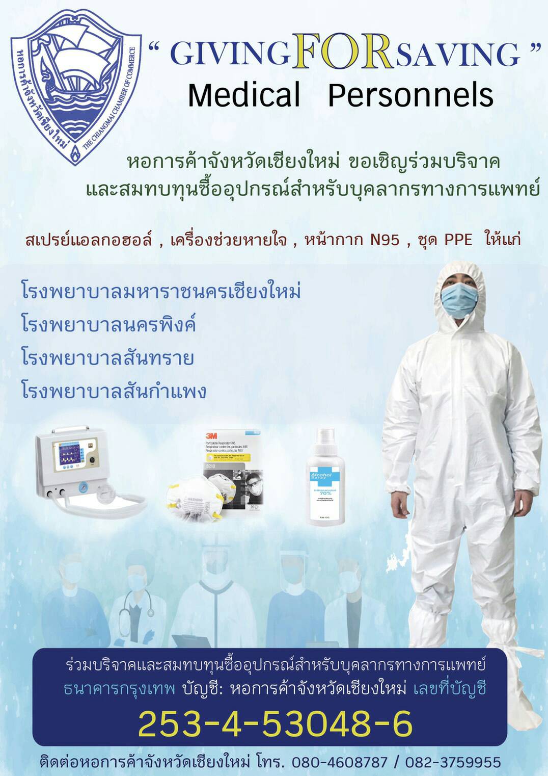 หอการค้าฯเชียงใหม่ระดมบริจาคเครื่องช่วยหายใจ-ชุดPPE ช่วยหมอสู้ COVID-19