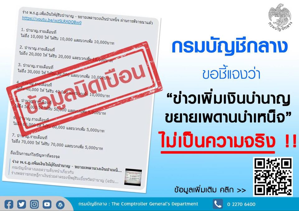 กรมบัญชีกลาง แจ้งข่าวเพิ่มเงินบำนาญ-ขยายเพดานวงเงินบำเหน็จ ปลอม! อย่าหลงเชื่อ