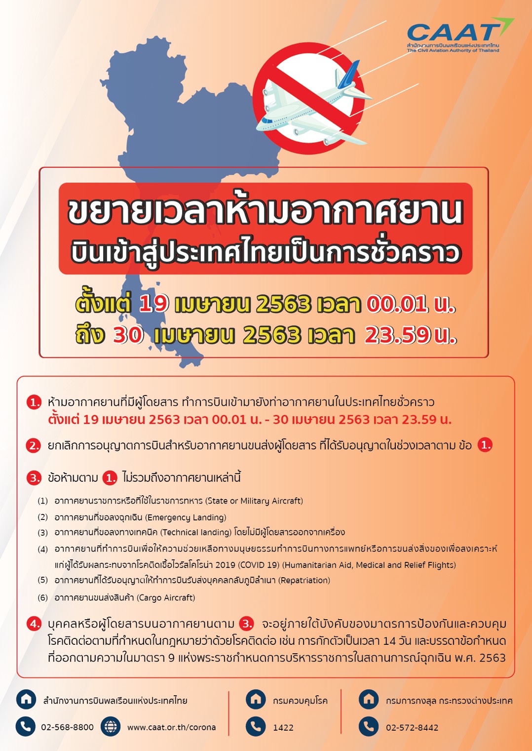 ประกาศ ขยายเวลาห้ามอากาศยานบินเข้าไทยชั่วคราว 19-30 เม.ย. 2563