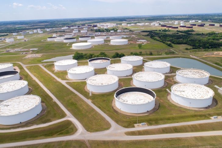 Crude oil storage tanks are seen in an aerial photograph at the Cushing oil hub