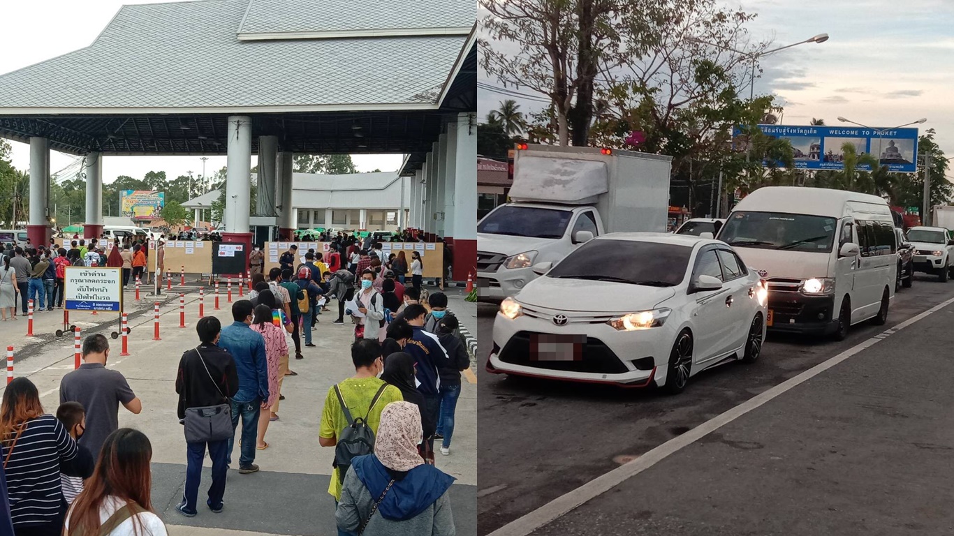 ตำรวจภูเก็ตจัดระบบคิวคนเดินทางออกจากด่านท่าฉัตรไชย ช่วงโควิด19