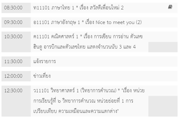ตารางเรียนวันที่ 21 พ.ค. ของนักเรียน ป.1