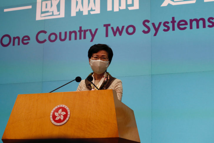 Hong Kong Chief Executive Carrie Lam, wearing a mask due to the ongoing global outbreak of the coronavirus (COVID-19), speaks during a news conference over the new national security legislation in Hong Kong