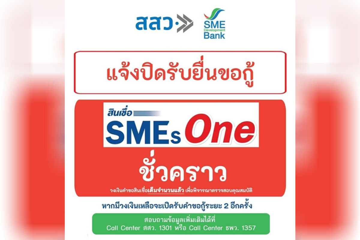เต็มวงเงินแล้ว! “ธพว.​สสว.”แจ้งปิดรับคำขอกู้สินเชื่อ“SMEs One”