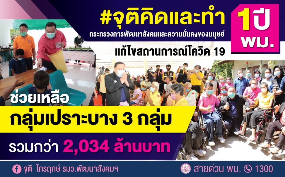 ผลงาน #จุติคิดและทำ 1 ปี พม. จ่ายเงินเยียวยา 3 กลุ่มเปราะบาง เด็ก ผู้สูงอายุ คนพิการ รวมกว่า 2,034 ล้านบาท