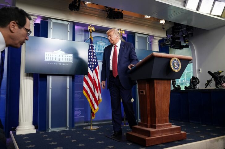 U.S. President Trump leaves after a coronavirus disease pandemic briefing at the White House in Washington