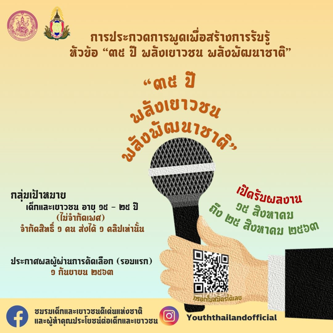กรมกิจการเด็กฯ จัดประกวดพูดสร้างการรับรู้ “35 ปี พลังเยาวชน พลังพัฒนาชาติ” ชวนเด็ก เยาวชน ส่งคลิปประกวด