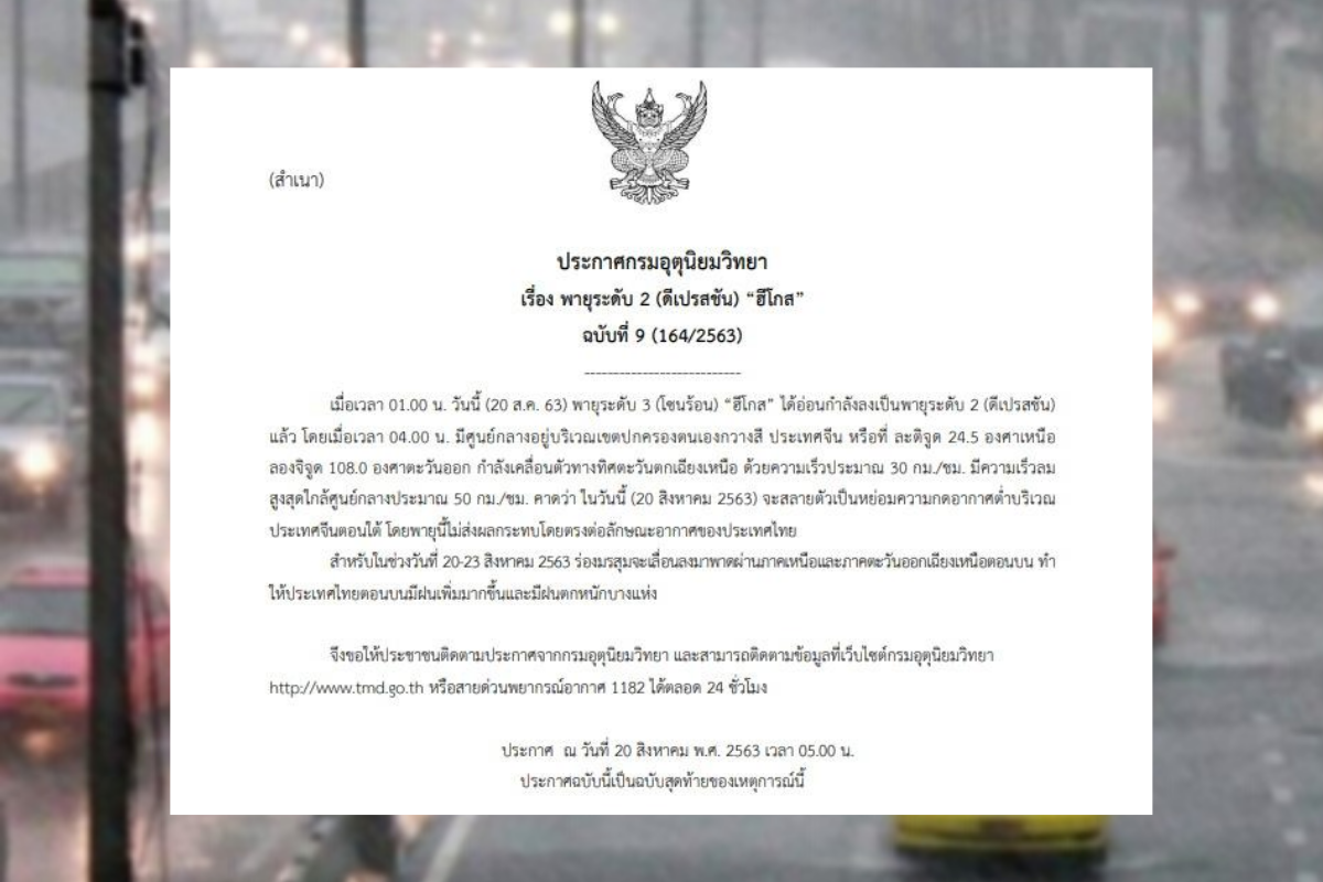 ประกาศฉบับสุดท้าย พายุ “ฮีโกส” เตือนไทยฝนตกหนัก 20-23 ส.ค.นี้