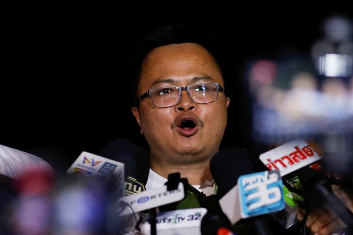 Human rights lawyer Anon Nampa, one of the leaders of recent anti-government protests, speaks to the media as he released from Prison in Bangkok อานนท์ นำภา